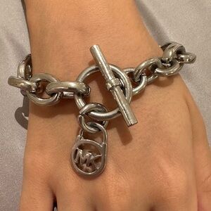 Michael Kors Polished Silver Toggle Link Bracelet with MK Charm